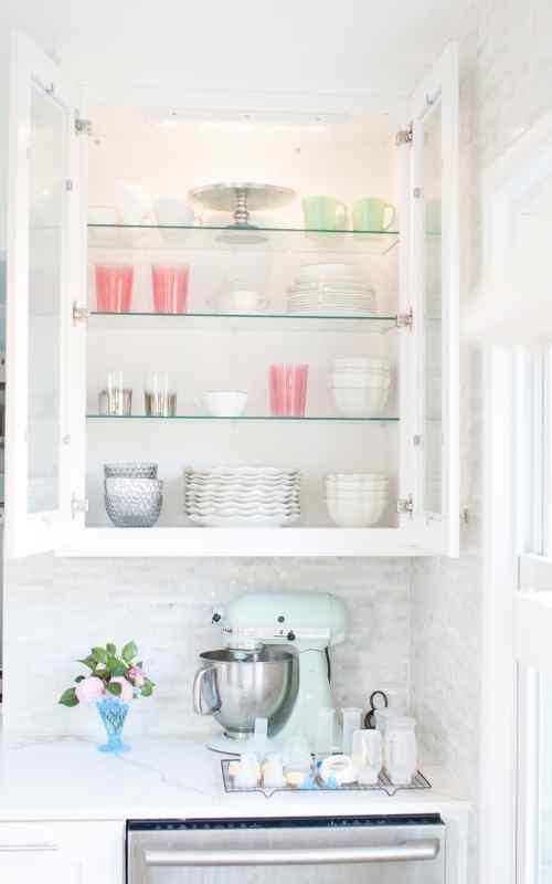 how to organize open shelving in a kitchen