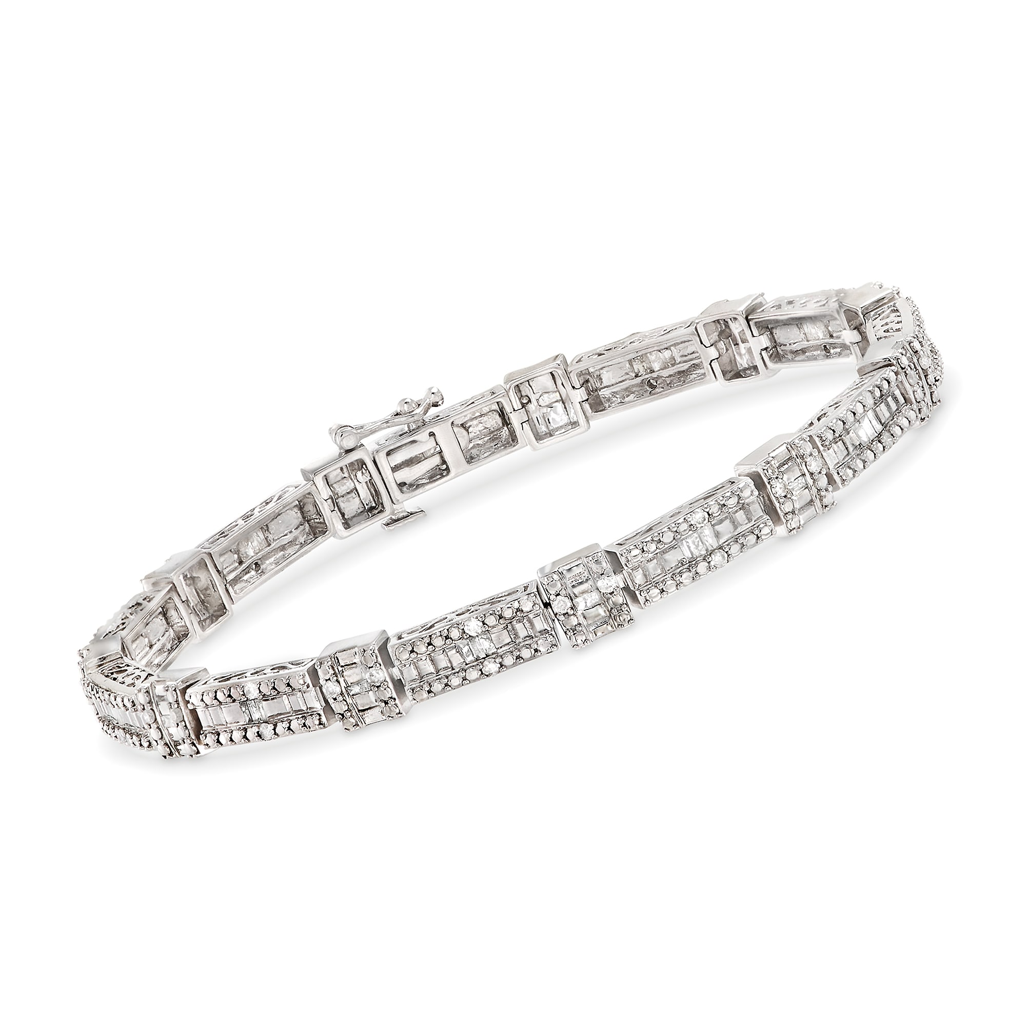 1.00 ct. t.w. Baguette and Round Diamond Bracelet in Sterling Silver ...