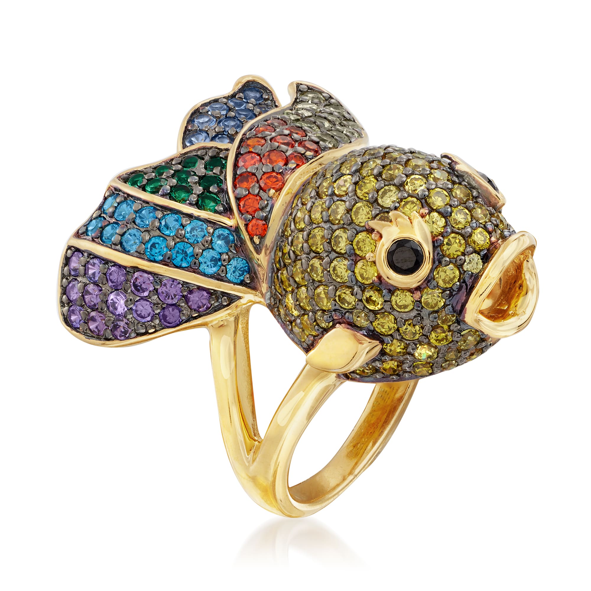 3.00 ct. t.w. Multicolored CZ Fish Ring in 18kt Gold Over Sterling ...