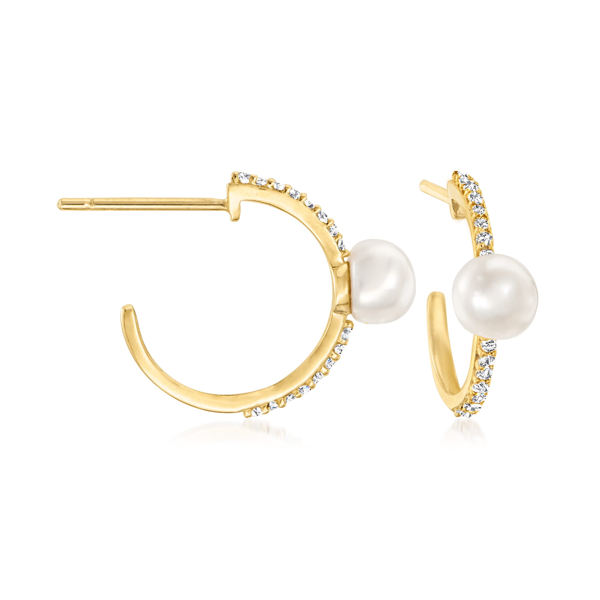 5mm Cultured Pearl C-Hoop Earrings with .16 ct. t.w. Diamonds in 14kt ...