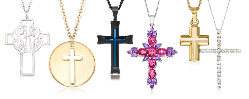 Cross Jewelry showing examples in different metals, sizes and gemstones.