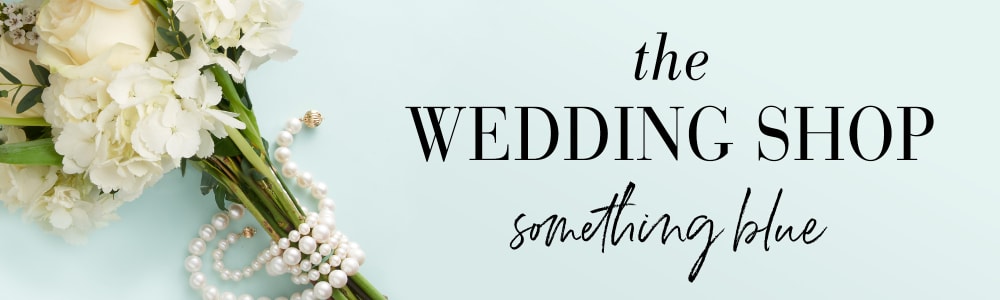The Wedding Shop -- Something Blue. Image of flowers wrapped with pearl strands.