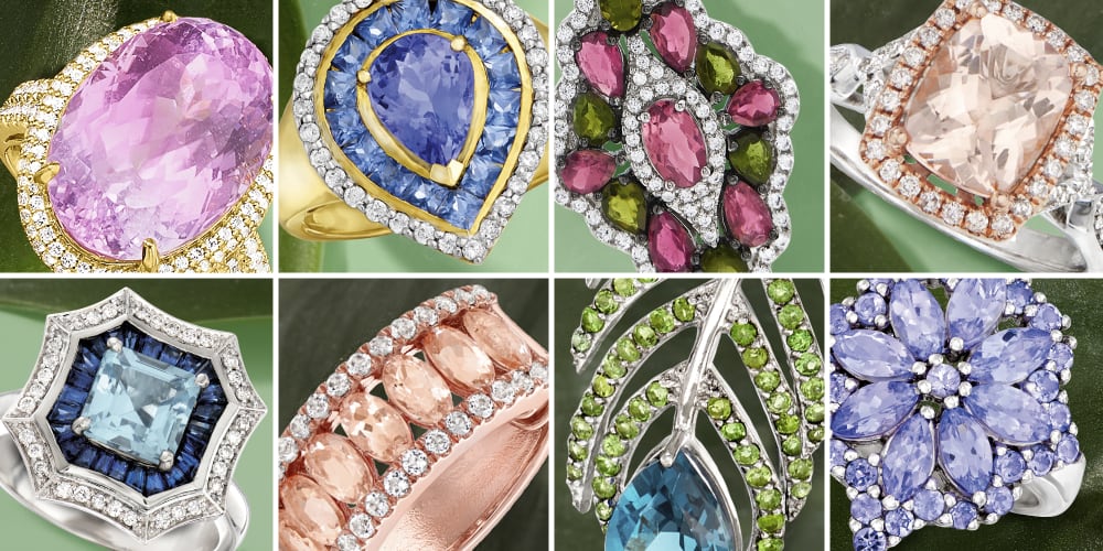 Eight panels featuring different exotic gemstones on a green background.