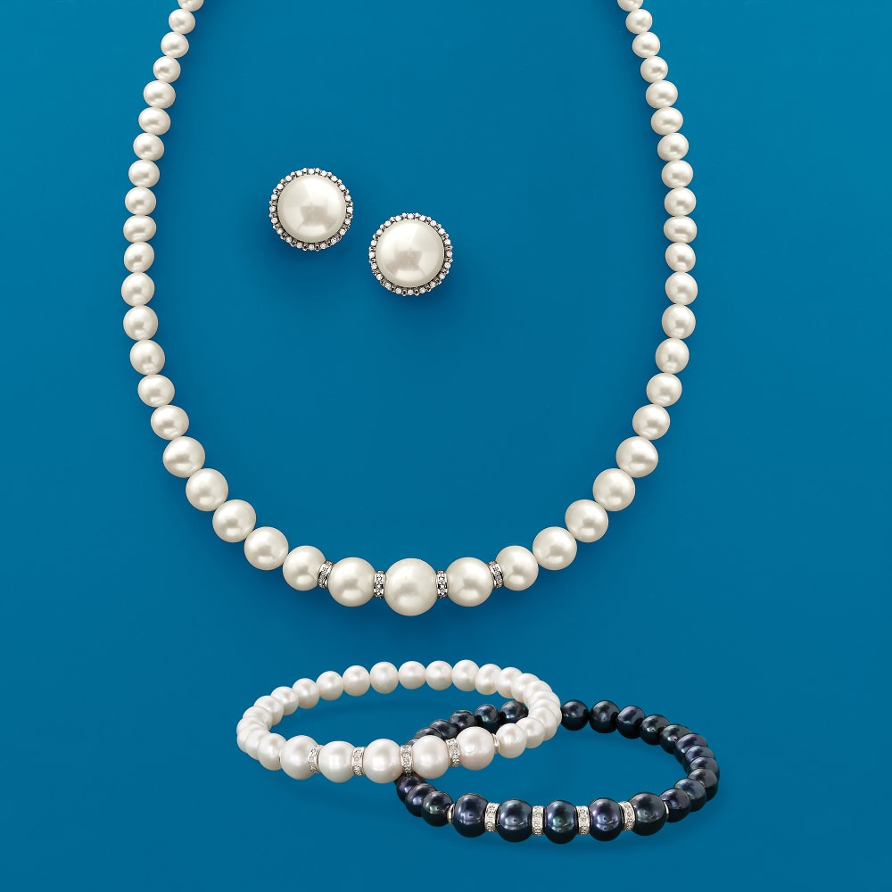 t.w Diamonds and Sterling Silver Ross-Simons 5-11.5mm Black Cultured Pearl Necklace With .24 ct