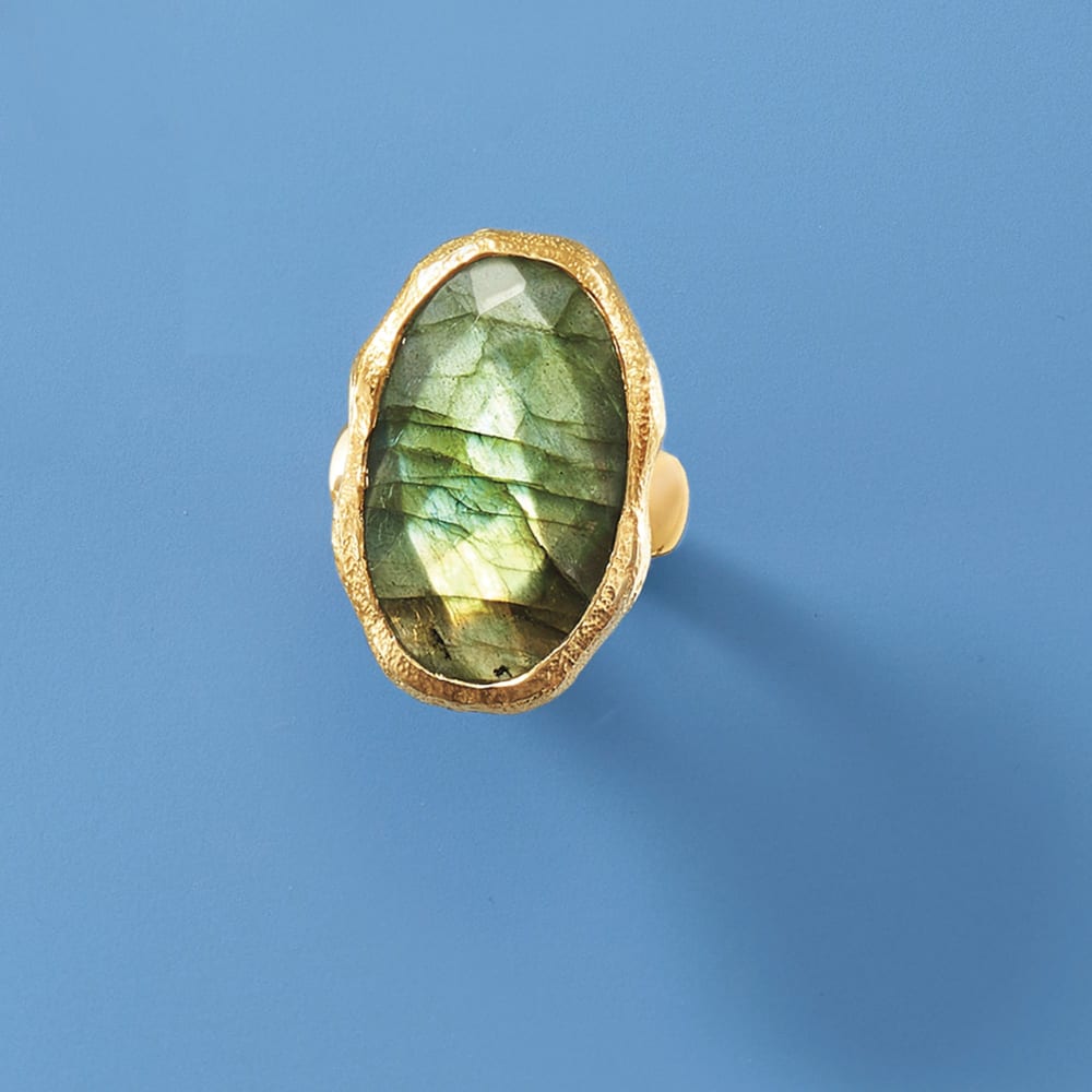 Oval Labradorite Textured and Polished Ring in 18kt Gold Over Sterling Oval Labradorite Textured and Polished Ring in 18kt Gold Over Sterling