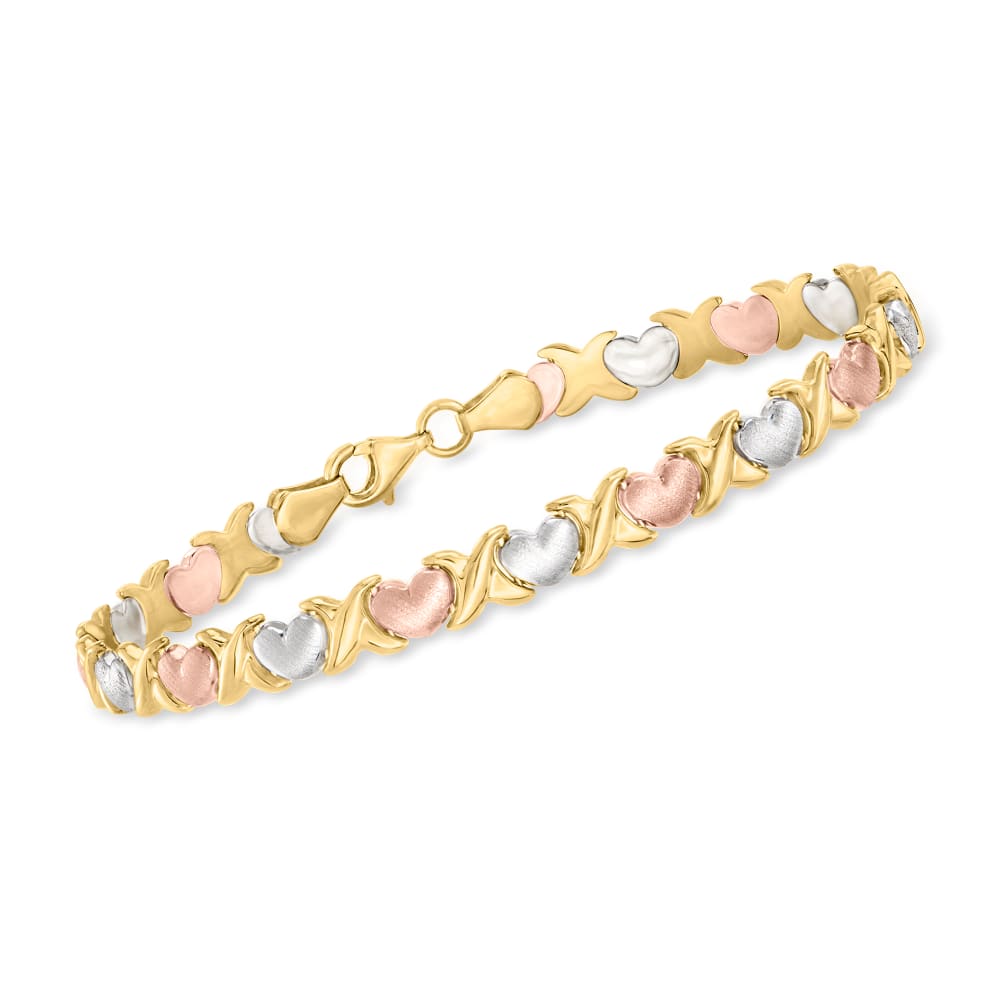 Diamond Cut Hearts & Kisses Bracelet Real 14K Yellow White Rose TriColor Gold