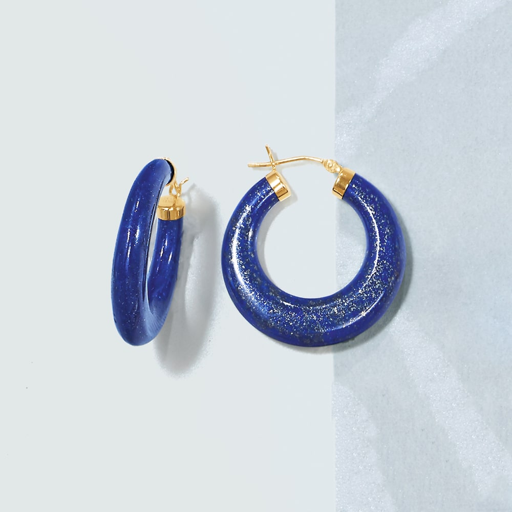 Lapis Hoop Earrings 14kt Yellow Gold. 1 1/8