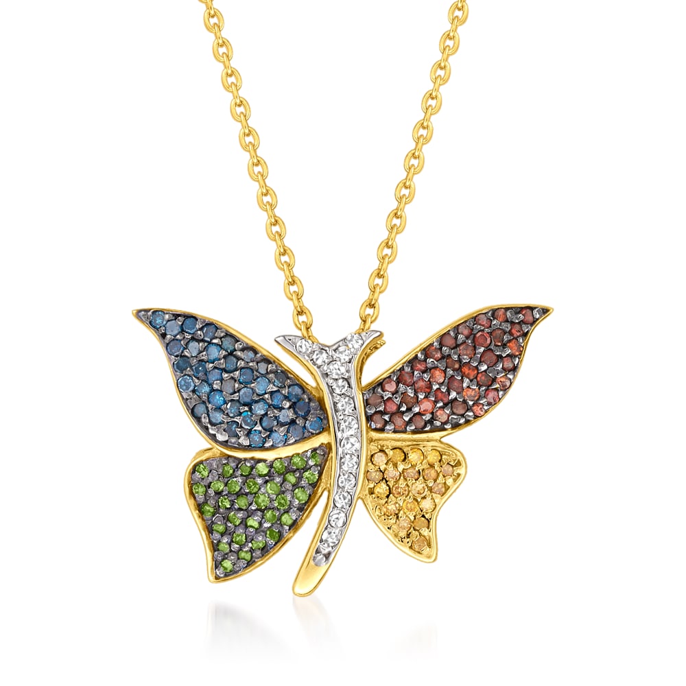 .75 ct. t.w. Multicolored Diamond Butterfly Pendant Necklace in 18kt ...