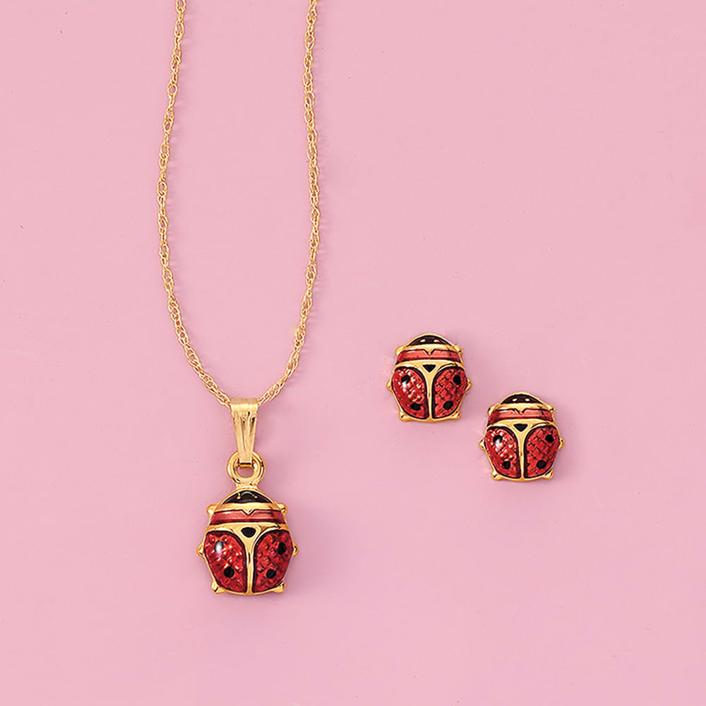 Jewel Connection Shimmering Horseshoe Red and Black Enamel Ladybug Pendant Necklace with 18 Chain in 14K Yellow Gold for Women and Girls Jewel Connection Shimmering Horseshoe Red and Black Enamel Ladybug Pendant Necklace with 18 Chain in 14K Yellow Gold for Women and Girls