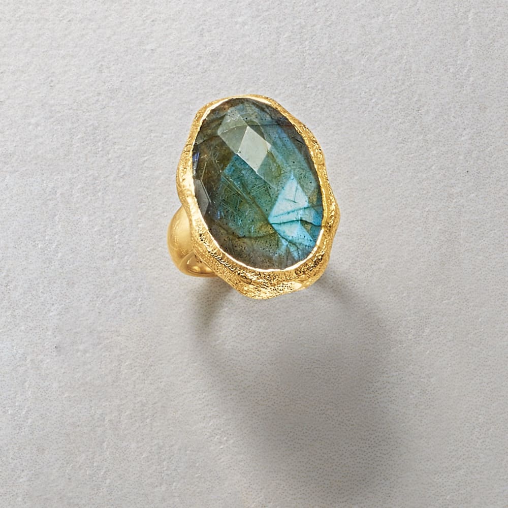 Oval Labradorite Textured and Polished Ring in 18kt Gold Over Sterling Oval Labradorite Textured and Polished Ring in 18kt Gold Over Sterling