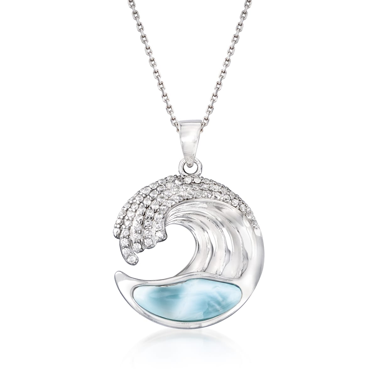 Larimar and .45 ct. t.w. CZ Wave Pendant Necklace in Sterling Silver ...