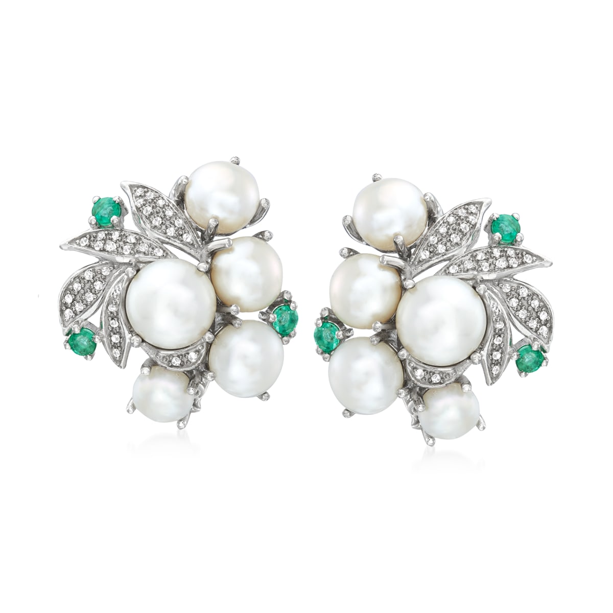 5-8mm Cultured Pearl, .30 ct. t.w. Emerald and .15 ct. t.w. 5-8mm Cultured Pearl, .30 ct. t.w. Emerald and .15 ct. t.w.