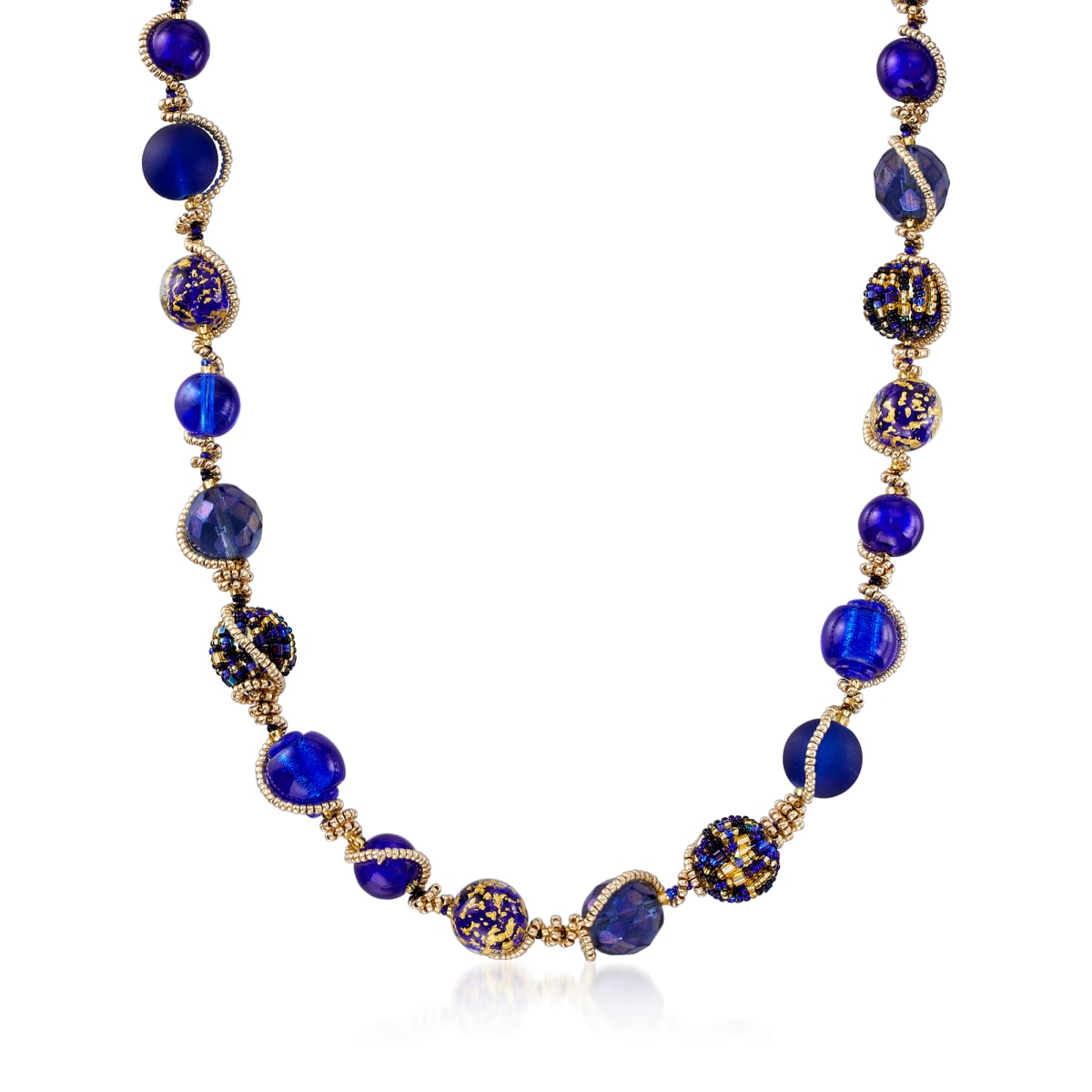 Italian Blue Murano Glass Bead Necklace in 18kt Gold Over Sterling. 18