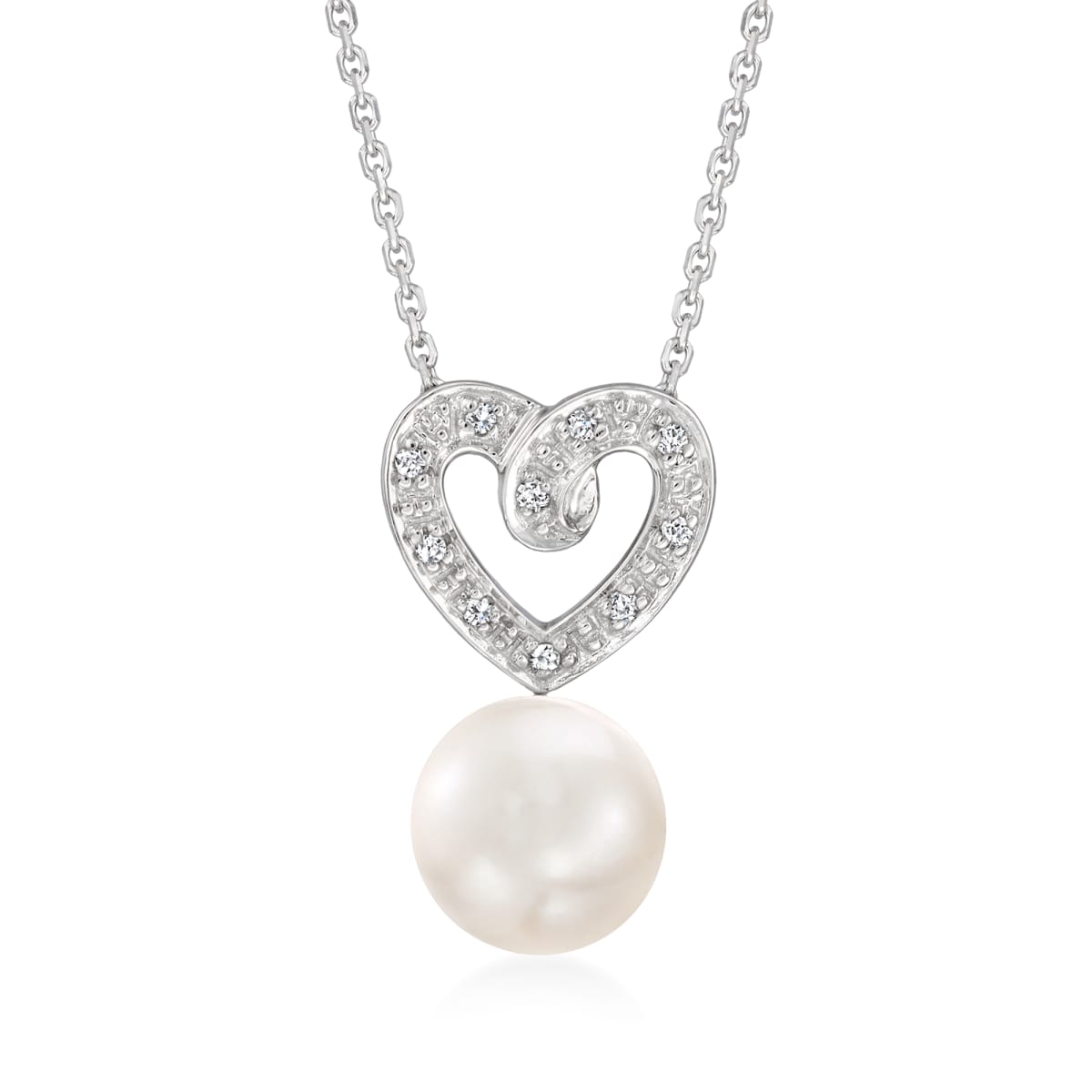 8.5mm Cultured Pearl and Diamond-Accented Heart Necklace in 14kt White ...