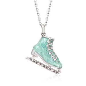 Light Blue Enamel Ice Skate Pendant Necklace With Diamond Accents in Sterling Silver. #822462