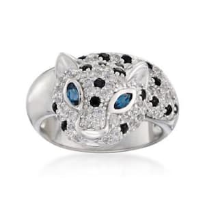 1.35 ct. t.w. White Topaz and .25 ct. t.w. Black Sapphire Panther Ring With Blue Topaz in Sterling Silver #765724