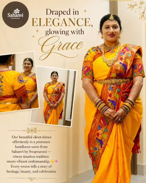 Draped in elegance, glowing with grace ✨ Our beautiful client shines effortlessly in a premium handloom saree from Sahanvi by Swapnavani — where timeless tradition meets vibrant craftsmanship. 💛🌸 Every weave tells a story of heritage, beauty, and celebration