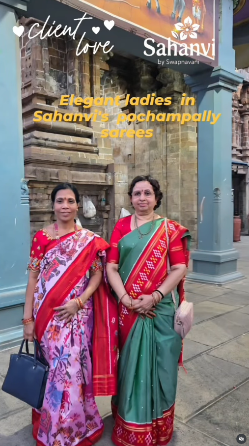 Twin in Tradition. Shine with Sahanvi! 💫 Double the grace, double the handloom magic! These gorgeous ladies are glowing in our signature Pochampally weaves—crafted for every divine occasion and memorable celebration. ✨ Handloom Saree ✨ Intricate Pochampally Ikat Design ✨ Rich Colors & Timeless Borders 💖 Which weave is your favorite? The graceful Pink Ikat or the classic Green & Red? Let us know in the comments! 👇