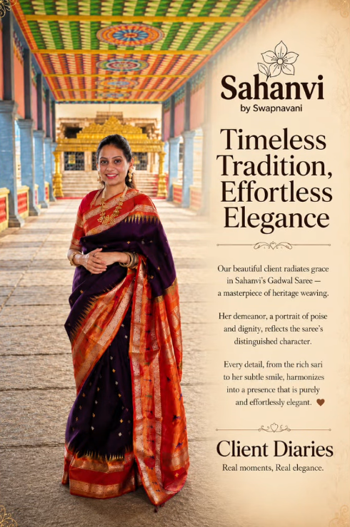Timeless Tradition, Effortless Elegance ✨ Our beautiful client radiates grace in Sahanvi’s Gadwal Saree — a true masterpiece of heritage weaving. Her demeanor, a portrait of poise and dignity, reflects the saree's distinguished character. Every detail, from the rich weave to her subtle smile, harmonizes into a presence that is purely and effortlessly elegant. 🤎 Client Diaries | Real moments, Real elegance. Thank you for choosing Sahanvi by Swapnavani 🤎