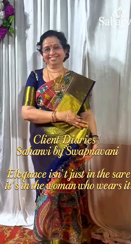Client Diaries | Sahanvi by Swapnavani 🤍 Elegance isn't just in the saree—it's in the woman who wears it. Our graceful client looks absolutely beautiful in this exquisite Kalamkari saree, carrying its vibrant artistry and rich zari border with effortless sophistication. A perfect blend of heritage, confidence, and timeless charm. Thank you for choosing Sahanvi by Swapnavani.