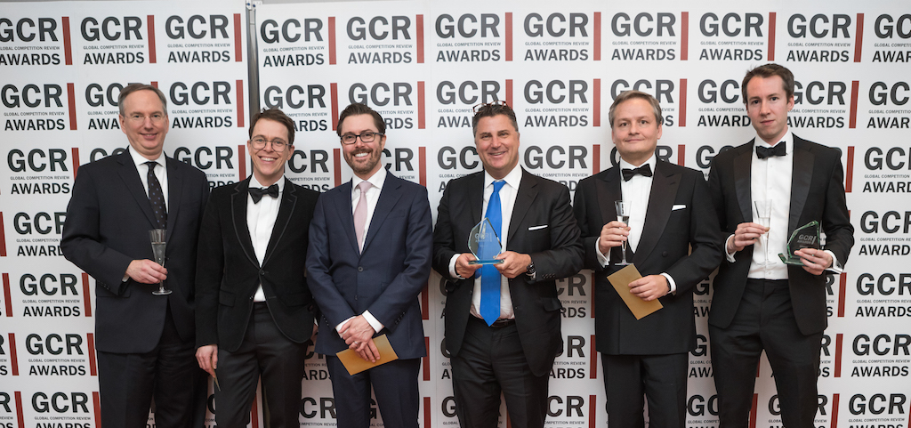 UK air cargo follow-on case wins Litigation of the Year - Cartel Defence Award. L-R: Thomas McGrath, Daniel Beard, James Webber, Ian Simmons, Fredéric Louis and William Turtle.