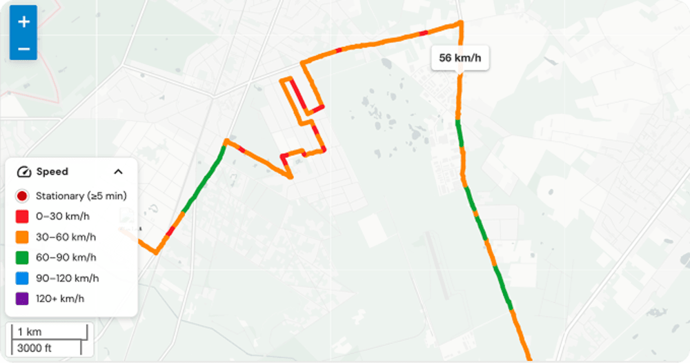 A vehicle's route on the map, each leg coloured by speed, with the speed legend.