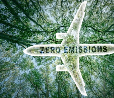 Plane in a forest with the words zero emissions on it