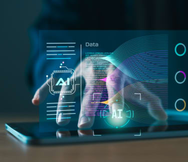 Hand typing on a tablet and Ai popping up