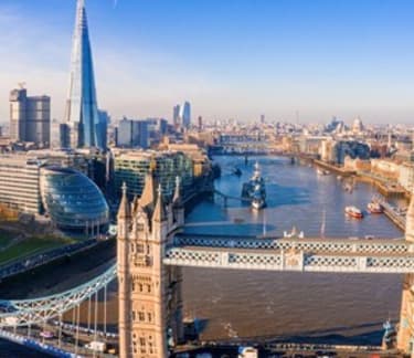 Aerial shot of London showing tower bridge and the shard