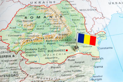 Map of Romania  with a flag on it