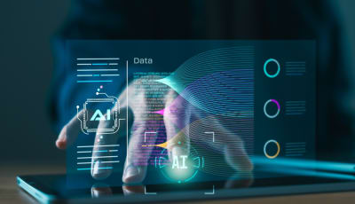 Hand typing on a tablet and Ai popping up