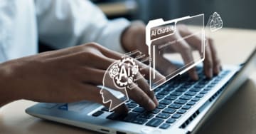 Person typing a laptiop and images showing AI