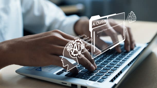 Person typing a laptiop and images showing AI