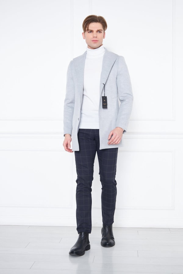 Erkek Açık Gri Slim Fit Hakim Yaka Düğmeli Kaban — 2