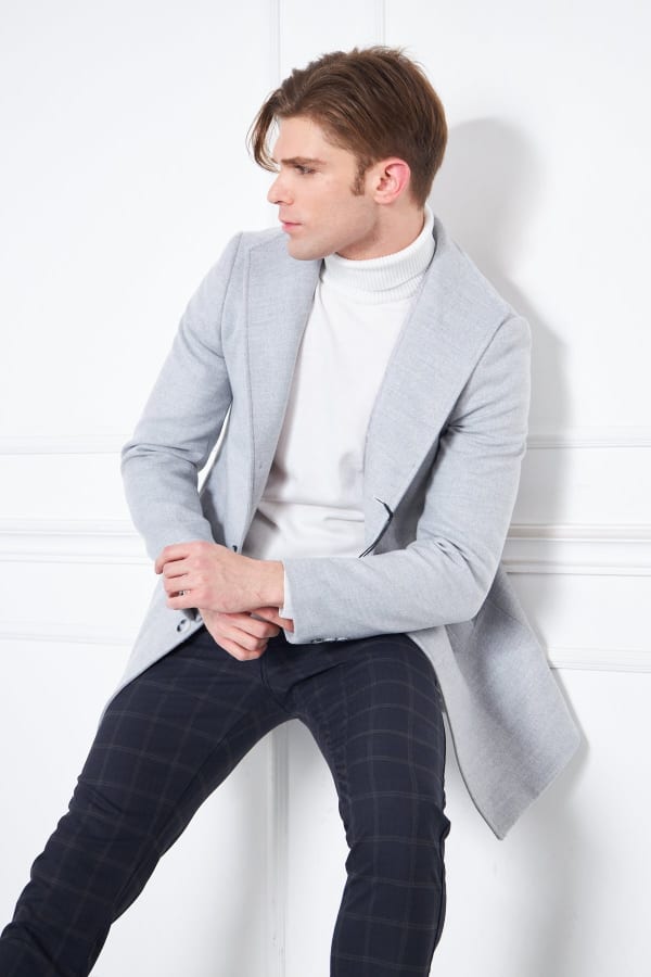 Erkek Açık Gri Slim Fit Hakim Yaka Düğmeli Kaban — 3