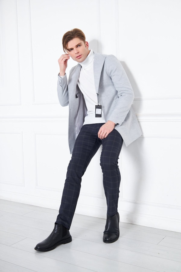 Erkek Açık Gri Slim Fit Hakim Yaka Düğmeli Kaban — 4