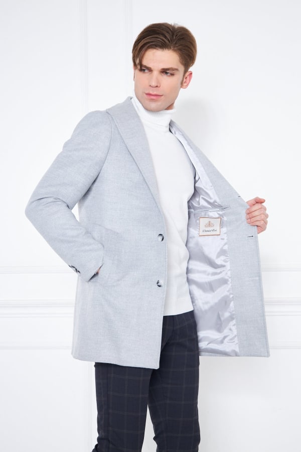 Erkek Açık Gri Slim Fit Hakim Yaka Düğmeli Kaban — 5