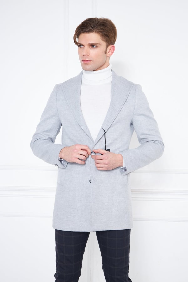 Erkek Açık Gri Slim Fit Hakim Yaka Düğmeli Kaban — 6