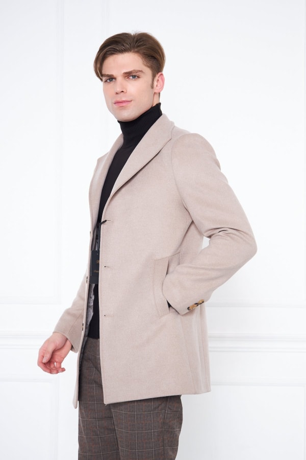 Erkek Bej Slim Fit Hakim Yaka Düğmeli Kaban — 1