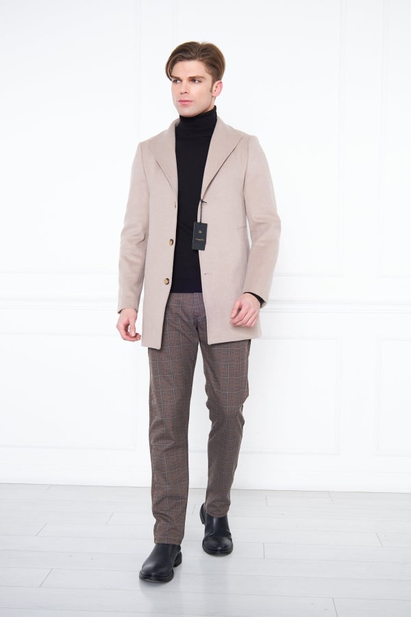 Erkek Bej Slim Fit Hakim Yaka Düğmeli Kaban — 2