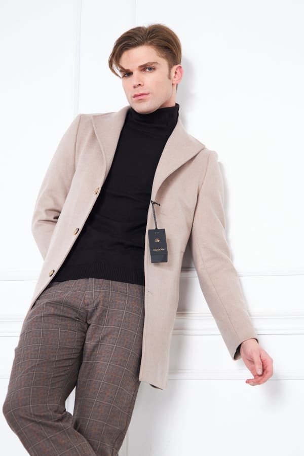 Erkek Bej Slim Fit Hakim Yaka Düğmeli Kaban — 4