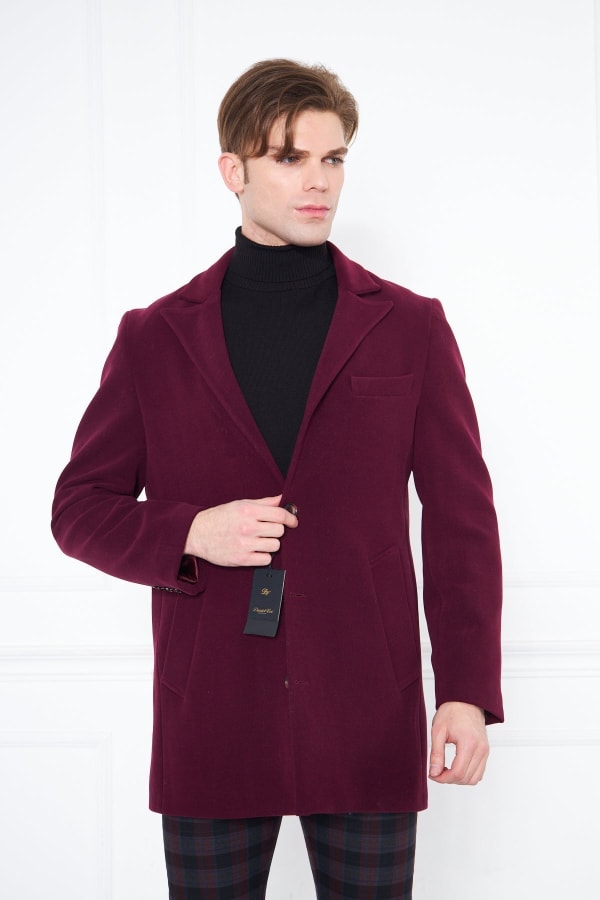 Erkek Bordo Slim Fit Sivri Yaka Düğmeli Kaban — 1