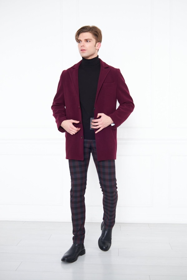 Erkek Bordo Slim Fit Sivri Yaka Düğmeli Kaban — 2