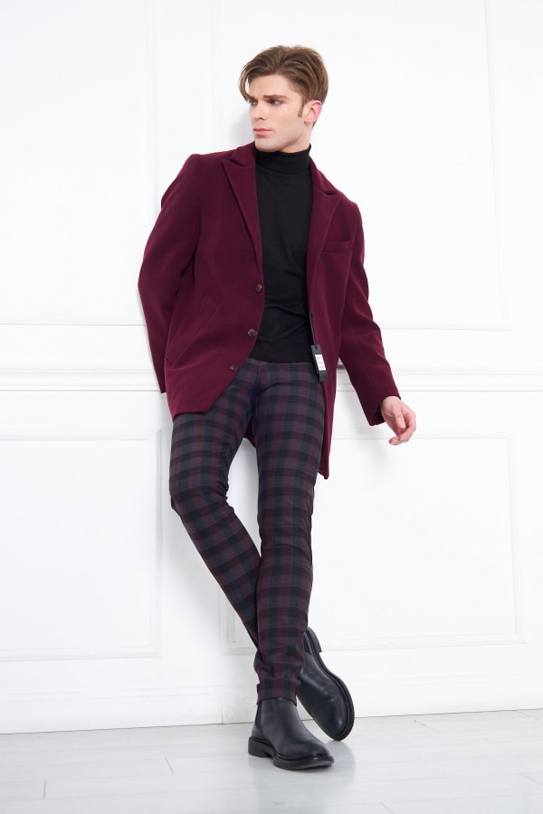 Erkek Bordo Slim Fit Sivri Yaka Düğmeli Kaban — 3