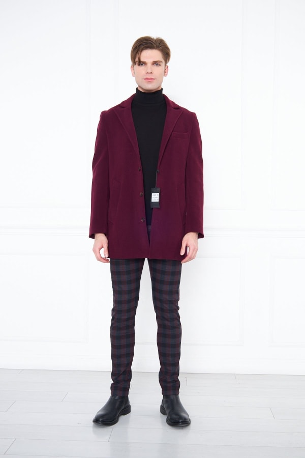 Erkek Bordo Slim Fit Sivri Yaka Düğmeli Kaban — 4