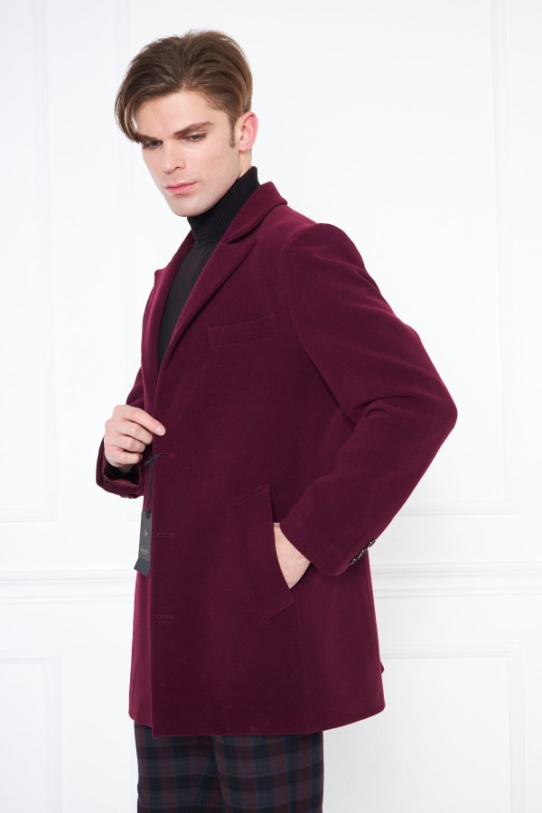 Erkek Bordo Slim Fit Sivri Yaka Düğmeli Kaban — 5