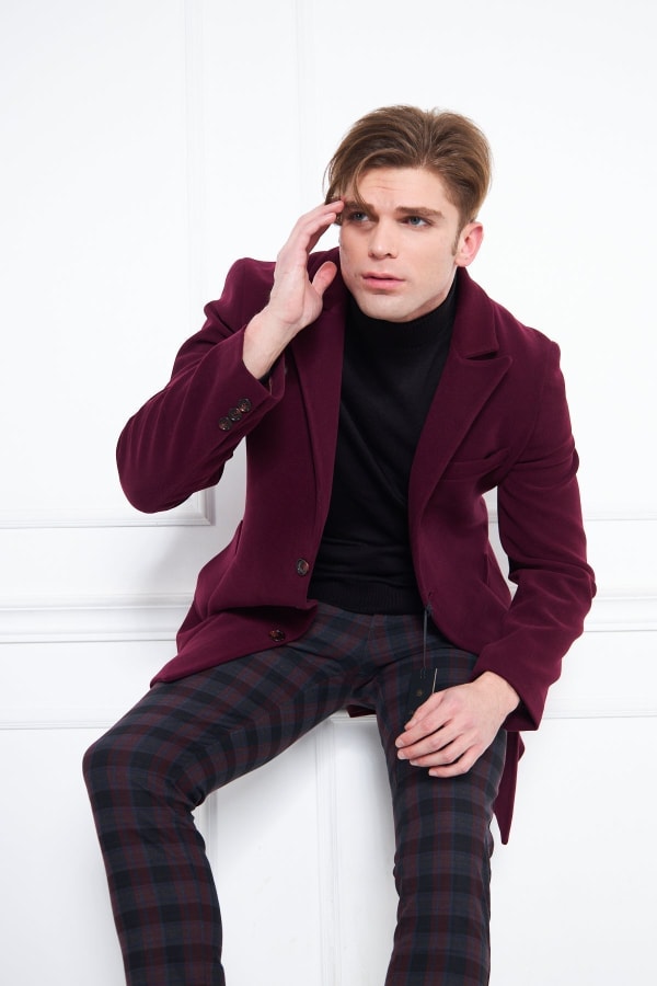 Erkek Bordo Slim Fit Sivri Yaka Düğmeli Kaban — 6