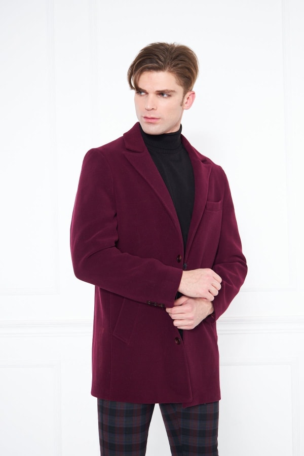 Erkek Bordo Slim Fit Sivri Yaka Düğmeli Kaban — 7