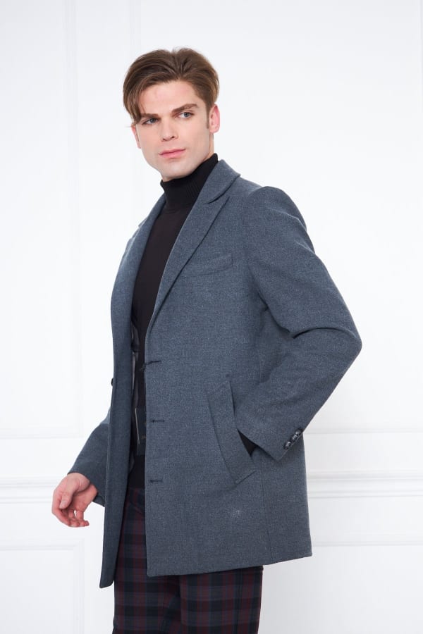 Erkek Antrasit Slim Fit Sivri Yaka Düğmeli Kaban — 2