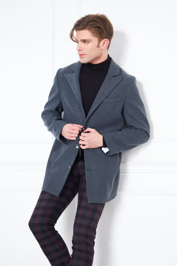 Erkek Antrasit Slim Fit Sivri Yaka Düğmeli Kaban — 4